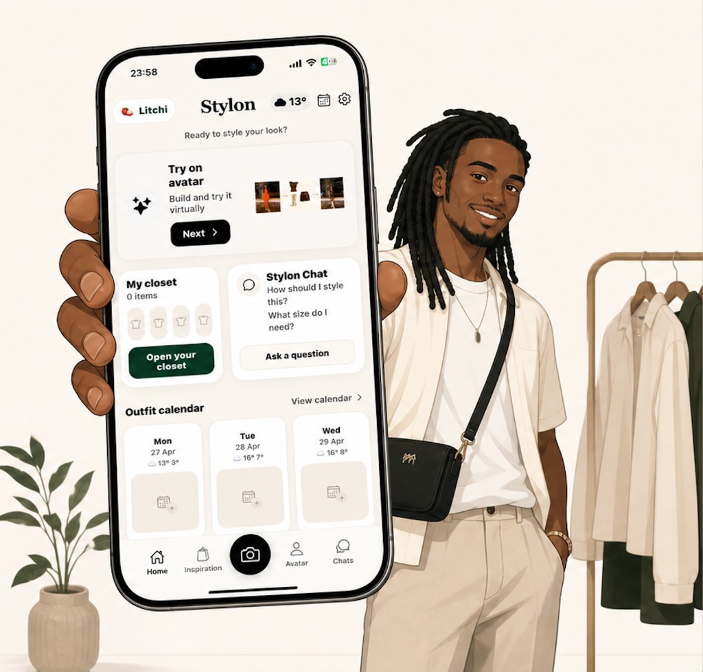 Stylon app on phone with character illustration