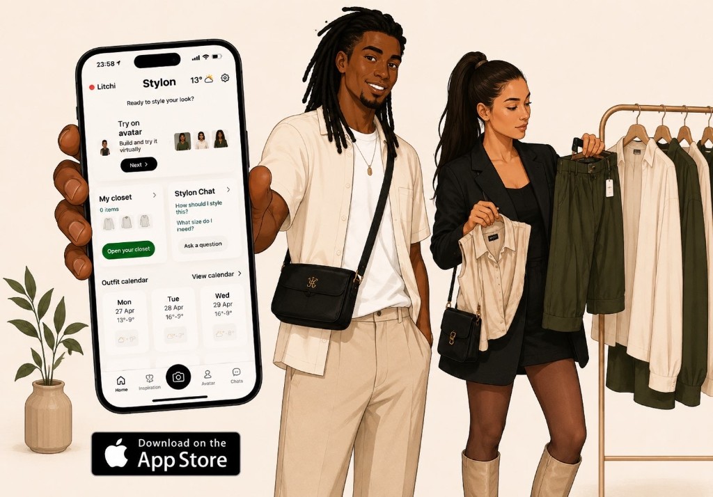 Stylon hero visual met telefoon en modellen
